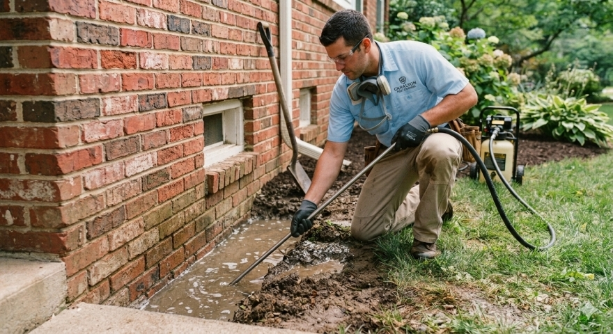 Pest control technician applying a liquid termite treatment in a trench beside a brick house wall